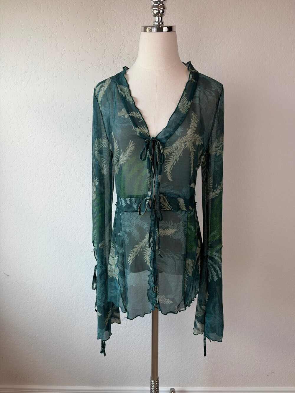 SHEIN Sheer Mesh Floral Tie Top Long Sleeve Green Whimsigoth Fairy size Medium